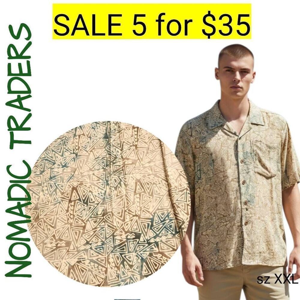 Nomadic Traders Neutral Green Tan Geometric Short Sleeve Shirt Sale 5 for 35